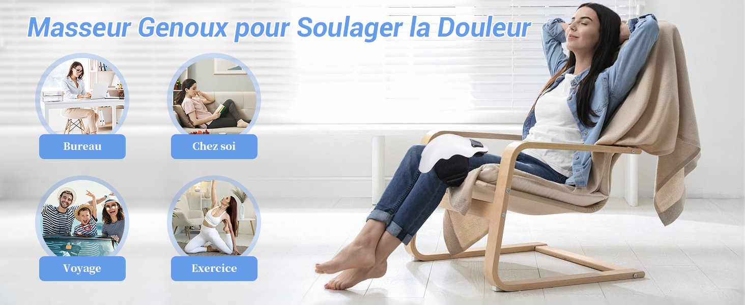 Sillón reclinable de madera curvada con asiento tapizado, con funciones de relajación y masaje ilustradas por