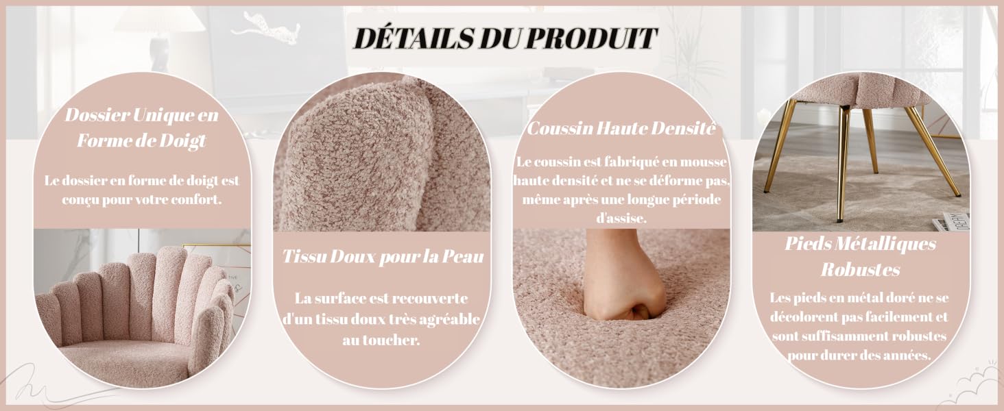 sur les détails du produit pour une chaise en peluche. Les caractéristiques comprennent un dossier en forme de coque, un revêtement en velours doux, un coussin de siège confortable et des pieds métalliques dorés. Quatre images circulaires mettent en évidence les principaux aspects.