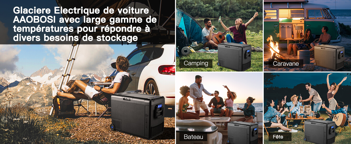 Collage d'images de style de vie en plein air mettant en vedette des glacières électriques portables utilisées dans divers environnements de camping et de loisirs.