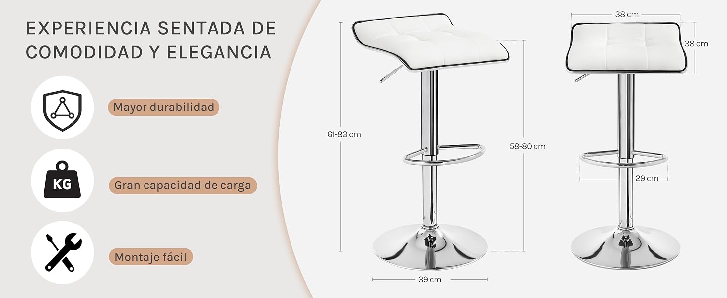 Diagrama técnico que muestra las medidas y especificaciones de los taburetes de bar en español, con tres iconos que indican las características del producto.