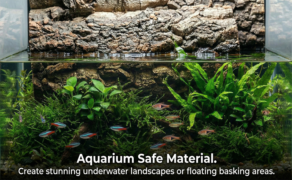 Text reads 'Aquarium Safe Material.' Image shows aquatic landscape with rocks and green aquatic plants in underwater setting.