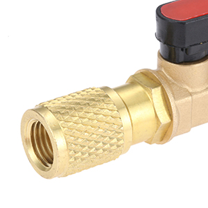 Brass valve with red and black handle. Threaded connection on one end, angled design. Knurled texture on brass body for grip.