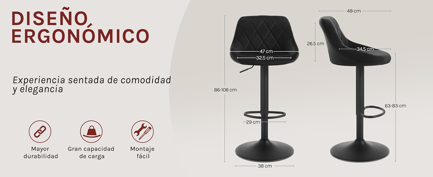 El texto dice «DISEÑO ERGONÓMICO». Muestra taburetes o sillas de bar ajustables negros con reposapiés, que se muestran desde varios ángulos.