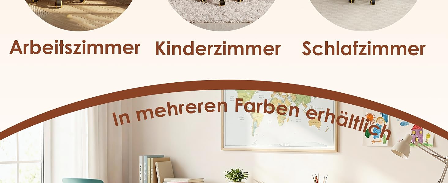 Der Text lautet „Arbeitszimmer Kinderzimmer Schlafzimmer“ und „In mehreren Farben erhältlich“. Kopfzeile zur Innenraumgestaltung mit hellen Beigetönen und geschwungenem Dekorelement.