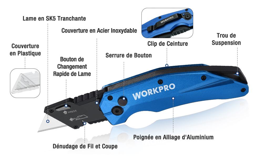 WORKPRO Cutter Professionnel Pliant, Cutter Utilitaire avec Mécanisme ...