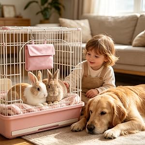 Young child standing beside white pet cage containing rabbit, with golden retriever dog resting on floor in living room with furniture background.