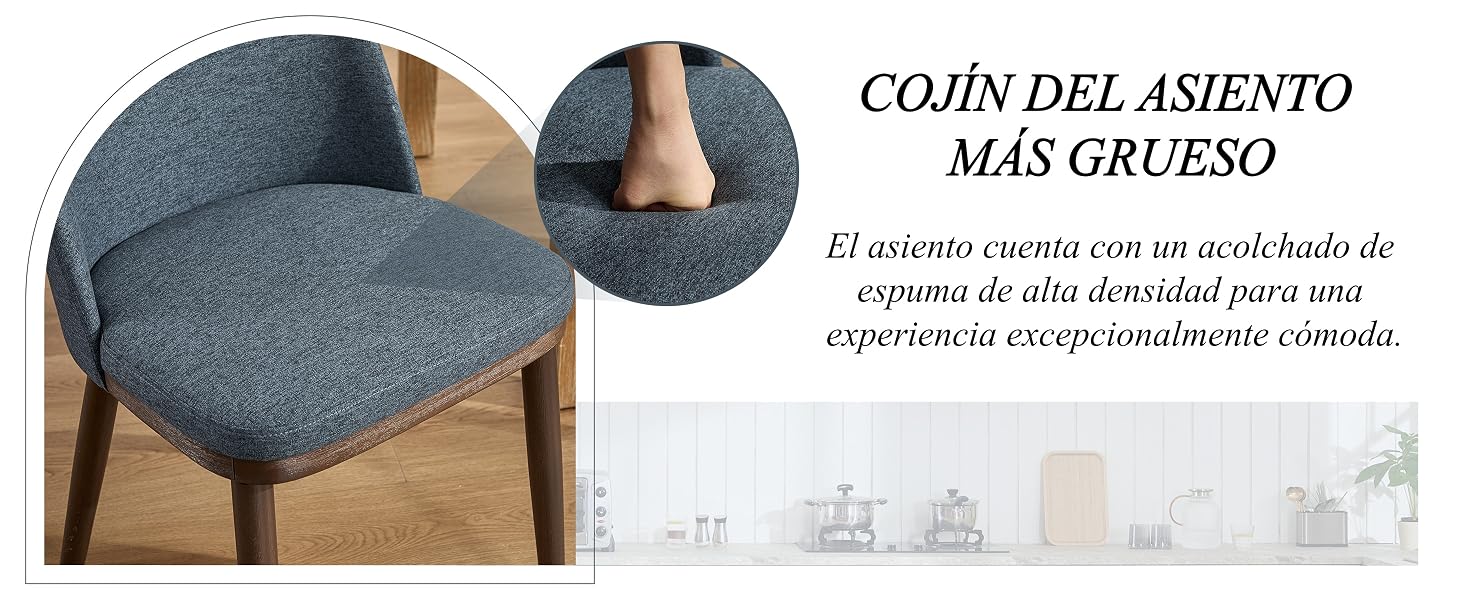 El texto dice «COJIN DEL ASIENTO MÁS GRUESO». Documentación del producto que muestra los pasos de instalación del cojín o almohadilla del asiento.