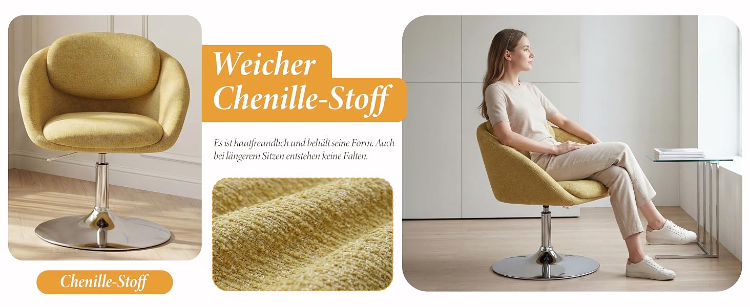 Der Text lautet „Weicher Chenille Stoff“. Das dreiteilige Bild zeigt einen cremefarbenen gepolsterten Drehstuhl mit Details aus strukturiertem Chenille-Stoff und einer Lifestyle-Nutzungsaufnahme.