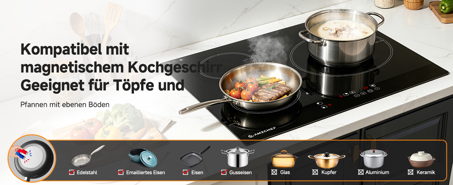 Der Text lautet „Kompatibel mit magnetischen Deckeln Geeignet für Töpfe und...“. Bedienfeld für Induktionskochfeld mit deutschem Text. Informationen zur Produktkompatibilität und zur Verwendung werden unten angezeigt.