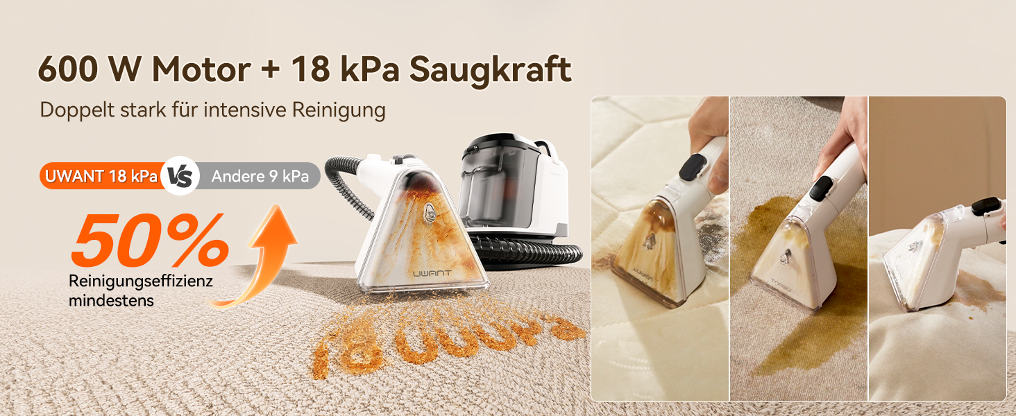 Der Text lautet „600 W Motor + 18 kPa Saugkraft“, „Optimal auch für intensive Reinigung“ und „50%“. Produktdisplay mit Motorspezifikationen und Saugleistung für das Reinigungsgerät mit Aktionsrabatt.