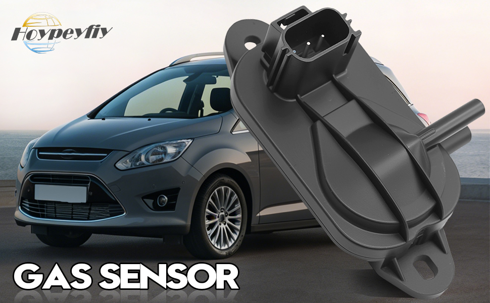 Text reads 'GAS SENSOR' with 'Foxnewflo' logo. Shows black plastic automotive sensor component with car image in background.