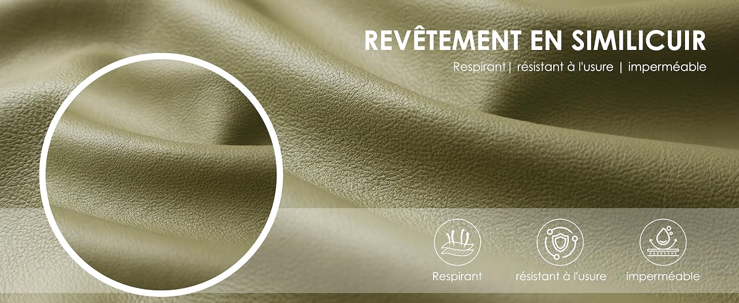 Le texte se lit comme suit : « REVÊTEMENT EN SIMILICUIR » avec du texte français supplémentaire. Gros plan de la surface du tissu beige texturé avec des détails circulaires agrandis montrant le motif de tissage du matériau et les indicateurs de qualité.