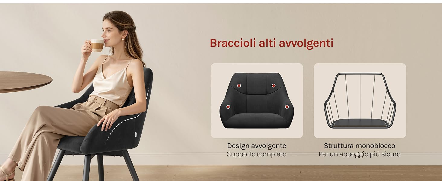 Il testo recita «Bracciali allo svilgenti», «Anello regolabile», «Bracciale in metallo». Donna seduta con poltrona nera che tiene in mano gioielli tra cui anello regolabile e bracciale in metallo.