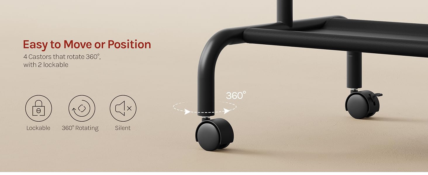Text reads "Easy to Move or Position" with three icons showing locking and positioning features. Black wheeled furniture base with caster wheels visible.
