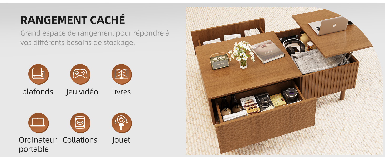 Le texte indique « RANGEMENT CACHÉ ». Visualisation du produit montrant un système de stockage modulaire avec des sections étiquetées « plaquettes », « pc/vidéo » et « Livres ». Démontre l'organisation du stockage caché pour différents types de supports.