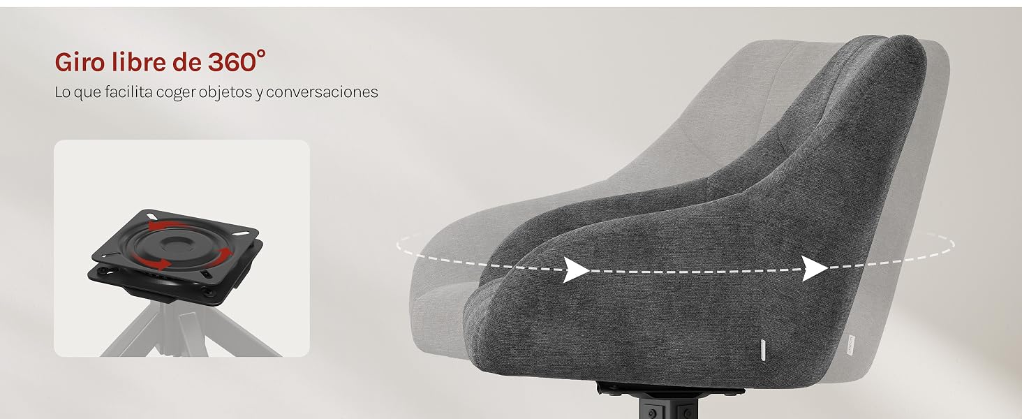 El texto dice «Giro libre de 360°» y «El giro de 360° puede girar y sujetarlo cómodamente». Sillón de tela gris con respaldo y asiento ergonómicos curvos, cuyas dimensiones se muestran con flechas que indican la capacidad de rotación giratoria.