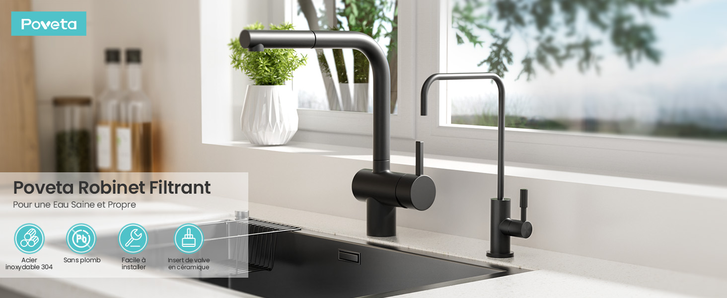 Le texte indique « Peyolta Robinet Filtrant ». Scène de cuisine moderne montrant des installations de robinets noirs dans différents environnements avec un design épuré et minimaliste.