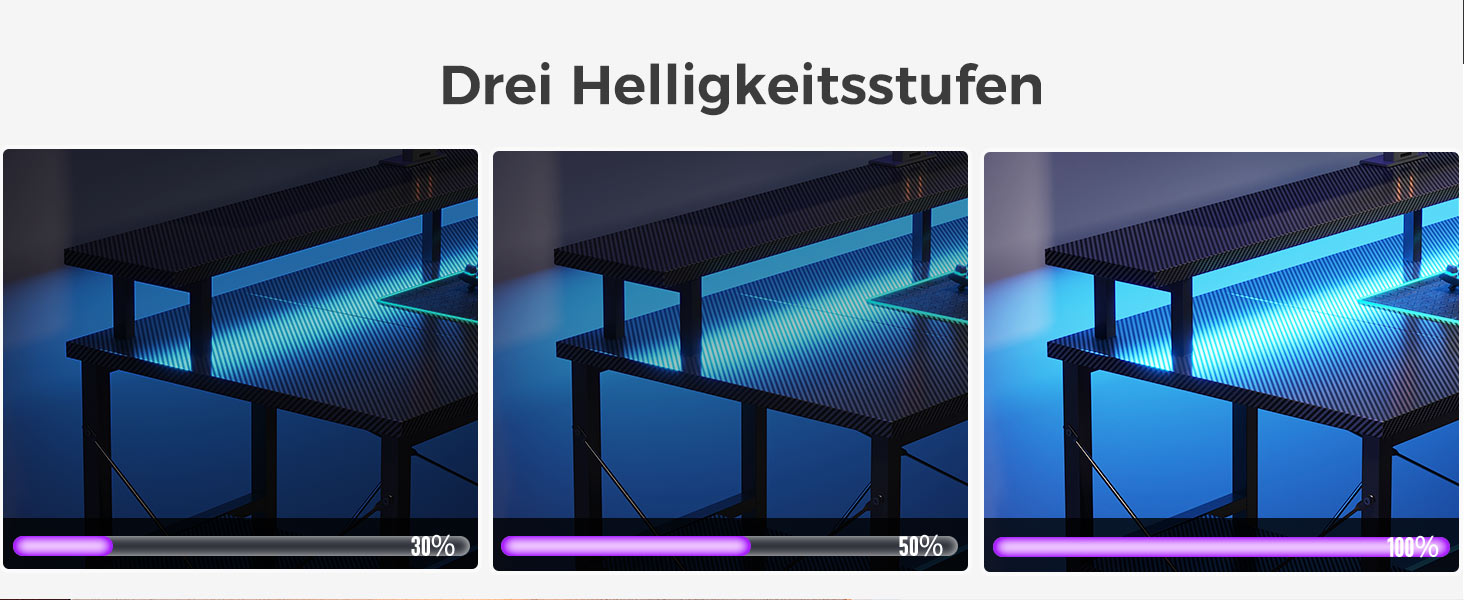 Dreiteiliges Bild, das einen Schreibtisch mit blauer LED-Beleuchtung darunter zeigt. Jedes Panel weist eine andere Helligkeitsstufe auf, die von links nach rechts zunimmt
