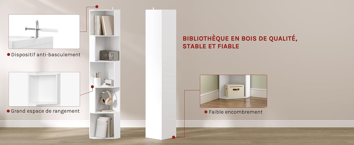 bibliothèque étagère angle coin meuble rangement blanc salon chambre colonne livre petite 