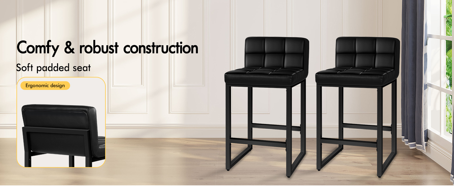 Text reads 'Comfy &amp; robust construction'. Series of black bar stools or chairs shown from different angles against light flooring.