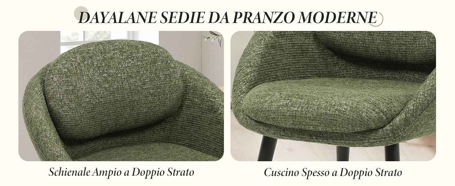 Il testo recita «DAVALANF SEDIE DA PRANZO MODERNE» con sottotitoli in italiano «Schienale Ampio e Doppio Strato» e «Cuscini Spessi e Doppio Strati». Due sedie da pranzo moderne imbottite verdi mostrate da diverse angolazioni con spessi sedili e schienali imbottiti.