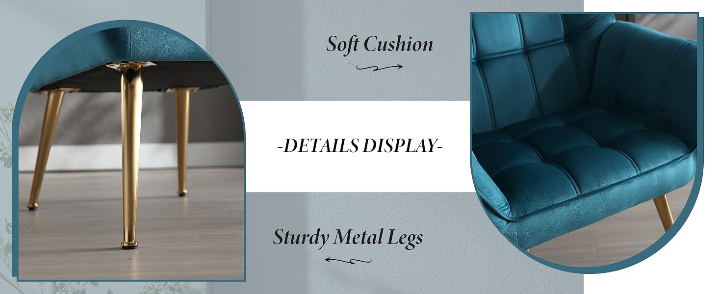 Teal upholstered chair with tufted cushion and gold metal legs. Three-panel image showing leg detail, full chair view, and close-up of seat cushion.