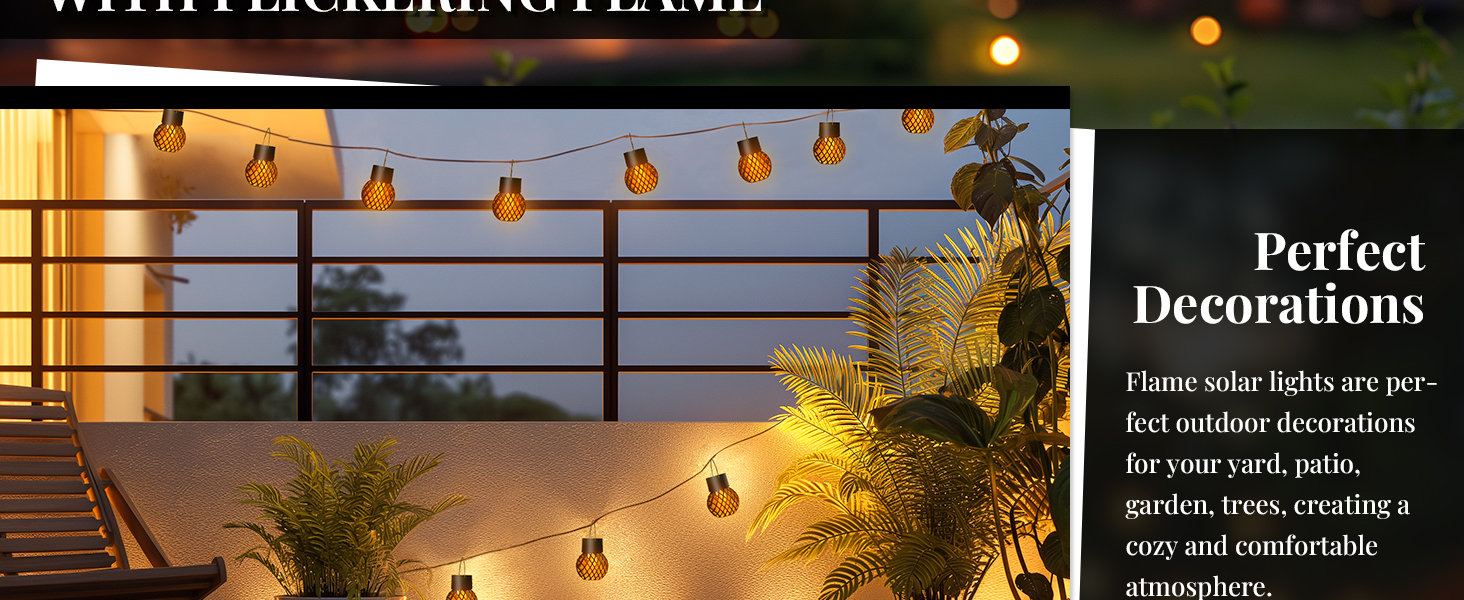Stringa di lanterne solari a luce calda che illuminano una terrazza o un patio esterno al crepuscolo, con illuminazione decorativa
