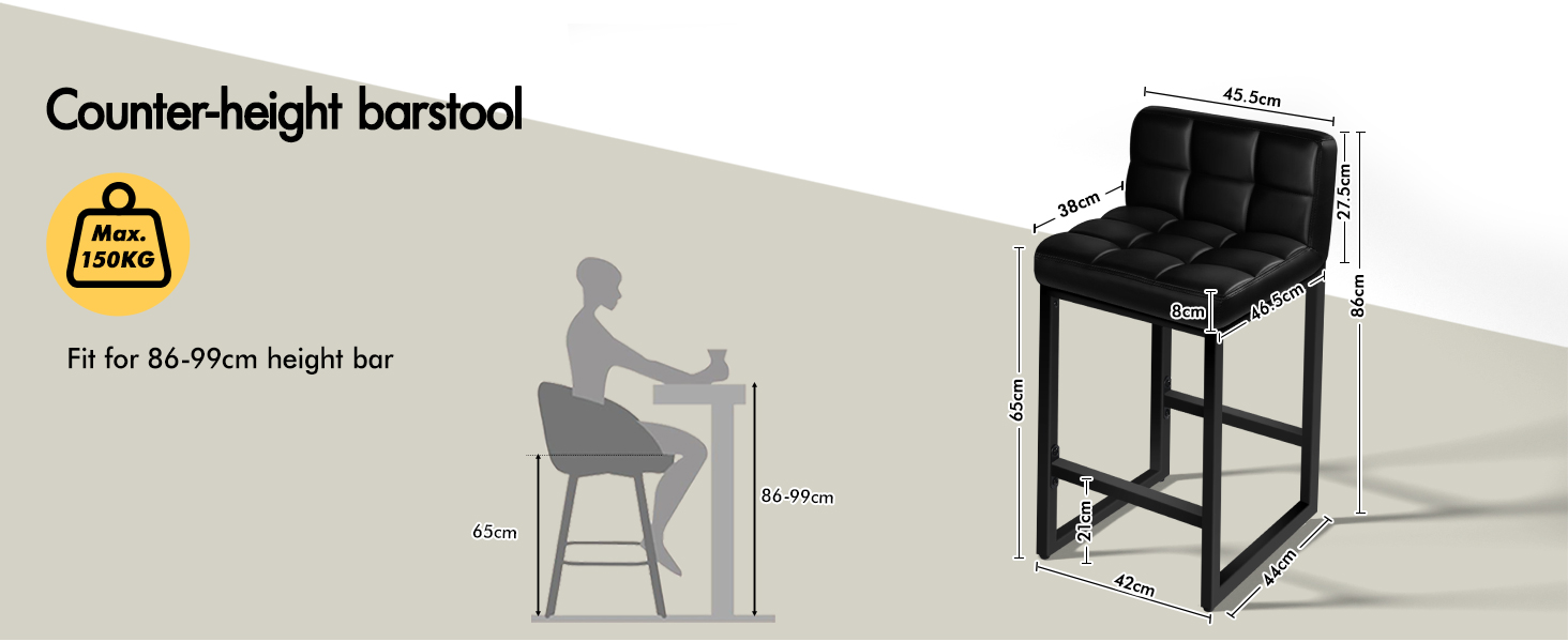 Text reads 'Counter-height barstool'. Technical diagram showing dimensions and proportions of a black barstool design with measurements indicated.
