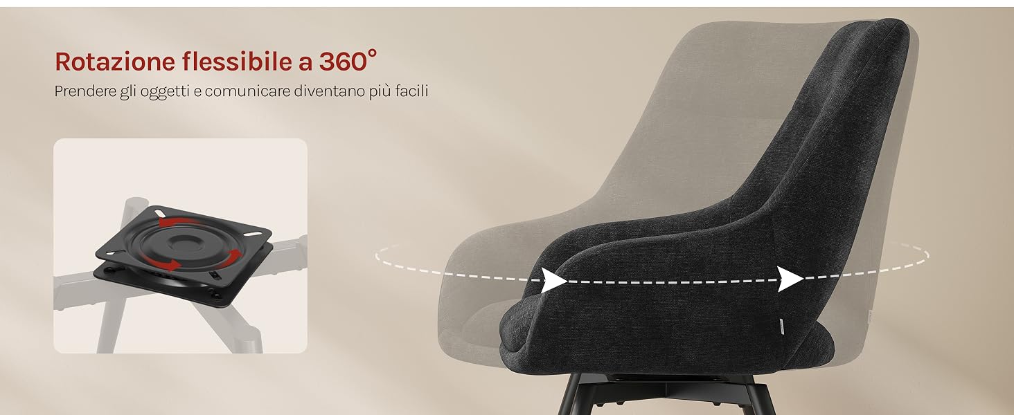 Il testo recita «Rotazione flessibile a 360°» e «Peso di 1,8 kg | Certificato di mobilità verticale». Sedia da ufficio nera con piccolo dispositivo mostrato a sinistra.