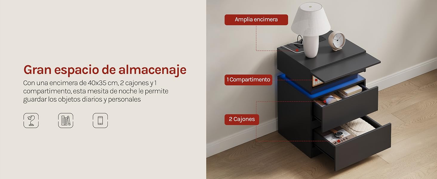 El texto dice «Gran espacio de almacenamiento». Mesita de noche negra con varios cajones de almacenamiento mostrados desde diferentes ángulos, lo que demuestra su capacidad de almacenamiento y funcionalidad.