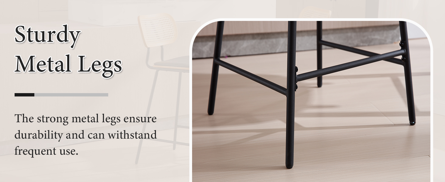 Close-up of black metal table or chair legs with cross-bracing. Text highlights 'Sturdy Metal Legs' and their durability for frequent use.