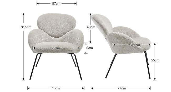 Diagrama técnico que muestra múltiples vistas y medidas de un sillón moderno. Se muestran las dimensiones detalladas de ancho, alto y profundidad desde varios ángulos.