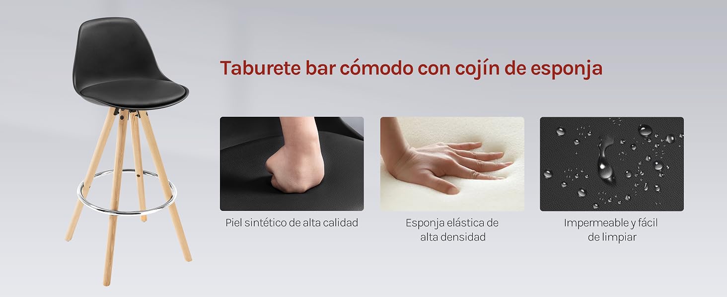 con asiento negro, patas de madera y reposapiés de metal. Cuatro imágenes insertadas muestran los detalles del cojín: presionar el pie, apretar con la mano y ver el material en