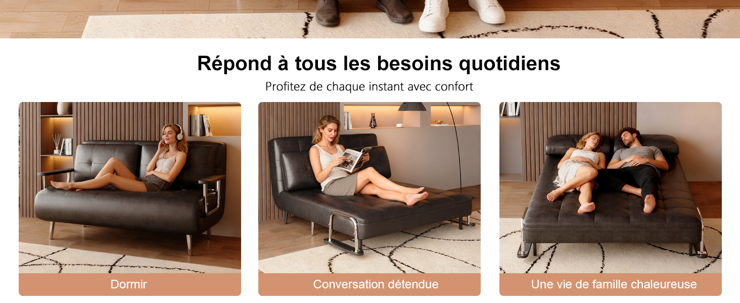 Le texte se lit comme suit : « Beyond 4 How to bedside squidifies ». Séquence à trois panneaux montrant des positions de mouvement progressives sur un meuble
