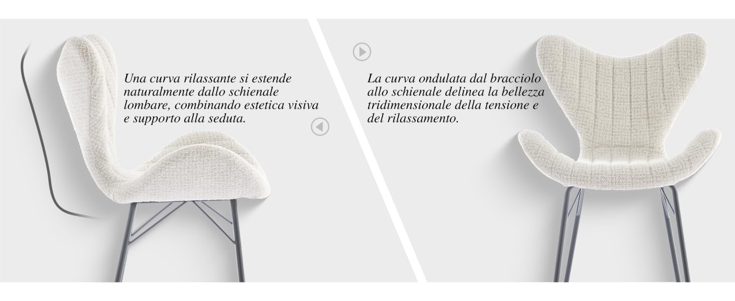 Design moderno della sedia imbottita bianca mostrato da due angolazioni su sfondo bianco, con sedile curvo a forma di conchiglia e caratteristico tessuto strutturato.