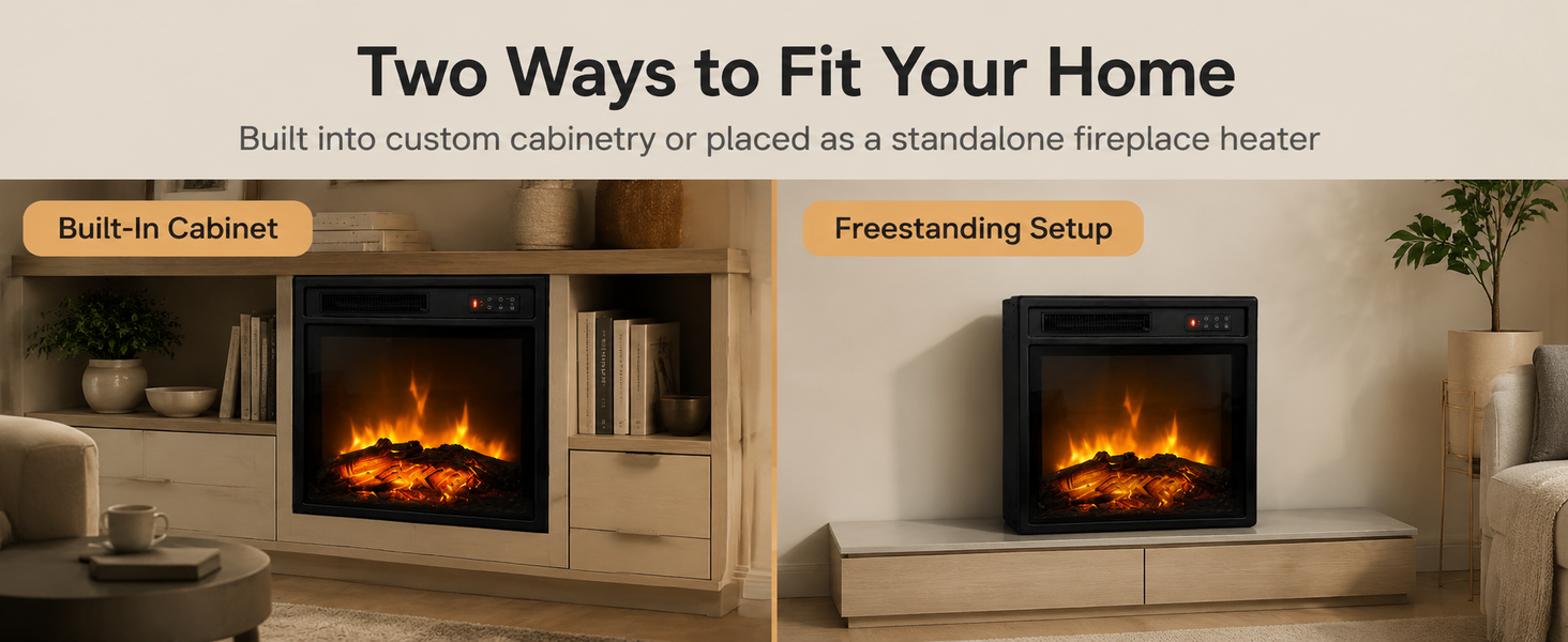 Text reads 'Two Ways to Fit Your Home' and 'Built into custom cabinetry or placed as a standalone fireplace heater' with 'Built-in' and 'Freestanding' labels. Shows electric fireplace inserts displayed in wooden cabinetry and standalone placement options.