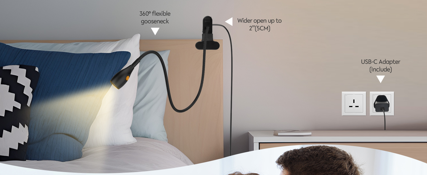 Text reads 'Image 2'. Bedside setup showing flexible gooseneck reading lamp attached to headboard, illuminating bed with blue and patterned pillows. Wall-mounted power outlet visible.
