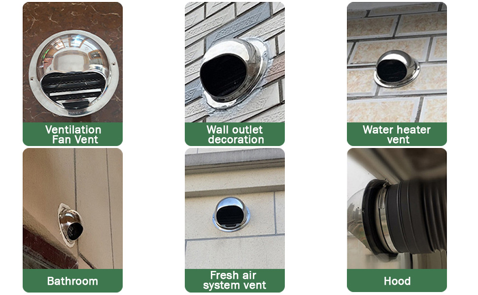 Six modèles d'évents muraux circulaires différents présentant diverses applications de ventilation domestique, notamment des évents de salle de bain, de hotte et de chauffe-eau avec des descriptions étiquetées.