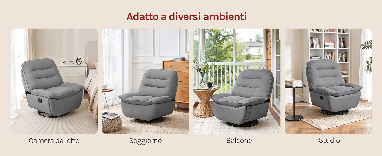 Il testo recita «Adatto a diversi ambienti». Quattro poltrone reclinabili imbottite grigie esposte in diversi ambienti: camera da letto, soggiorno, balcone e studio, con versatili opzioni di posizionamento.
