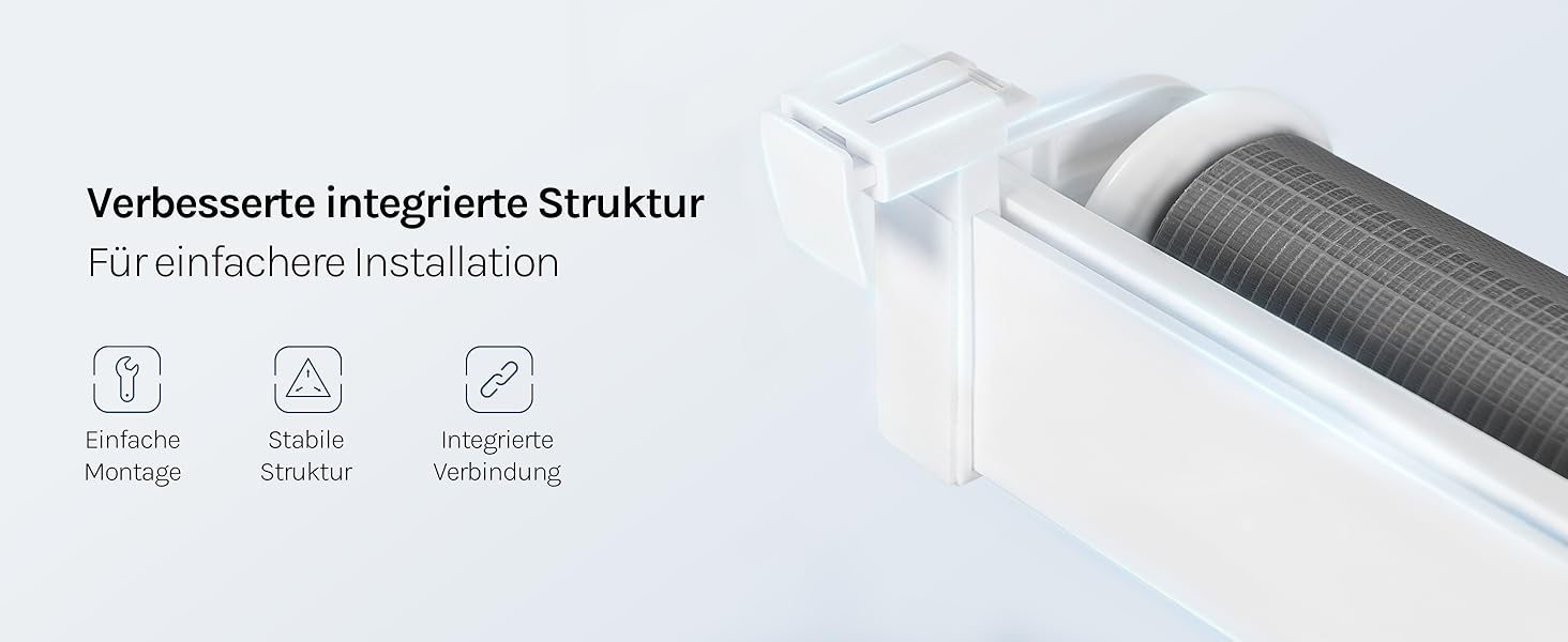 Le texte se lit comme suit : « Verbesserte integrierte Struktur » (Structure intégrée améliorée), « Für einfachere Insta-lation » (Pour une installation plus facile). Gros plan d'un composant mécanique cylindrique gris à texture nervurée, représenté en angle avec les indicateurs d'icône d'installation ci-dessous.