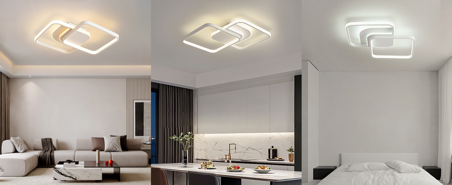 Moderner Innenraum mit geometrischen LED-Deckenleuchten, die ein beleuchtetes Muster auf der weißen Decke in der Küche oder im Wohnbereich erzeugen.