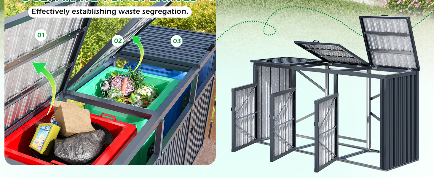 Instructional diagram showing assembly steps for a waste separation system. Multiple panels demonstrate installation of garbage bins in a storage unit with sliding mechanisms and compartments.