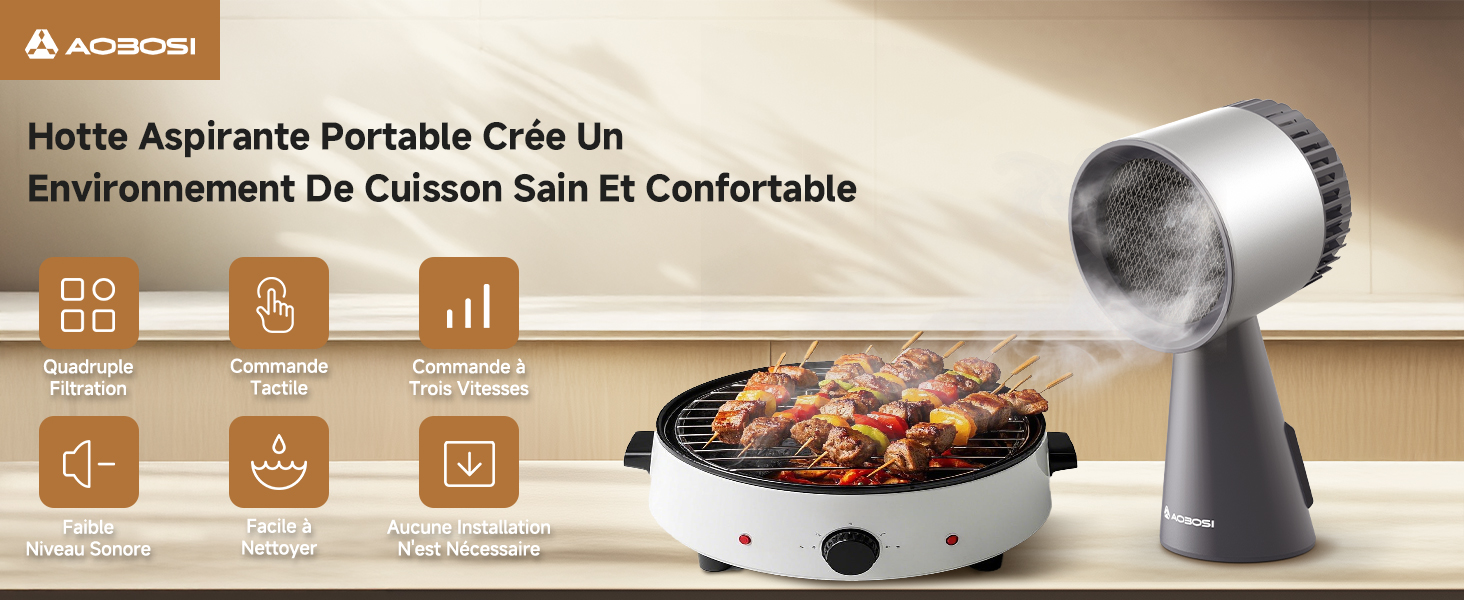 doté d'une grille circulaire blanche et d'un ventilateur cylindrique gris. Le grill contient de la viande et des légumes grillés. Les icônes ci-dessous illustrent les différentes caractéristiques de cuisson.