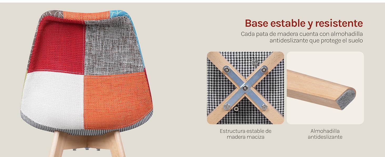 El texto dice «Base estable y resistente» (Base estable y resistente) con las especificaciones «xx yardas... dimensiones/capacidad». Se muestra una colorida cesta de retazos en tonos rojo, gris, naranja, blanco y crema con detalles de construcción tejidos y asas de madera.