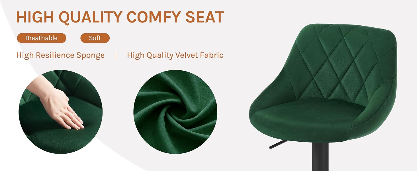 Green velvet office chair with quilted diamond pattern backrest. Features high resilience sponge cushioning and adjustable height. Product highlights comfort and quality materials.