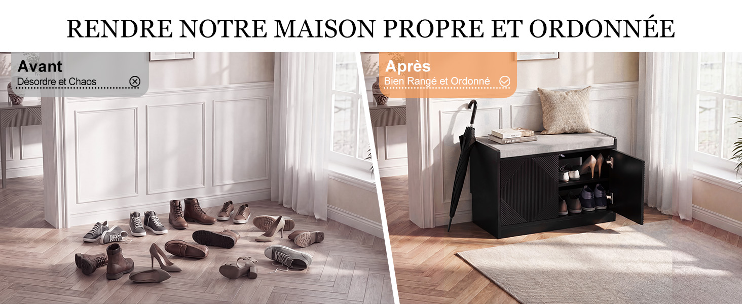 Le texte se lit comme suit : « RENDRE NOTRE MAISON PROPRE ET ORDONNÉE ». Deux vues intérieures de la pièce affichées côte à côte montrant le style ou l'organisation avant/après, avec le mobilier et la décoration intérieure.