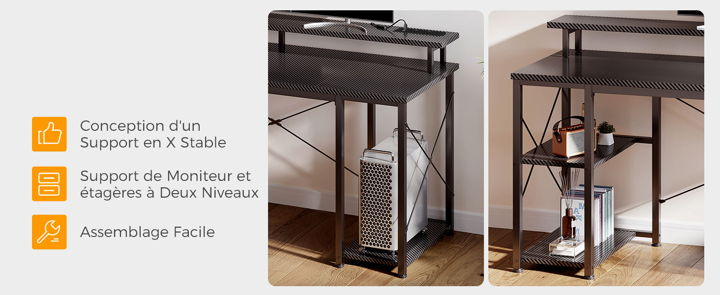 Bureau d'ordinateur à plusieurs niveaux avec surface en maille et étagères. Les caractéristiques comprennent un support en forme de X, un support d'écran à deux niveaux et un assemblage facile. Monture en métal foncé avec plateau en bois.