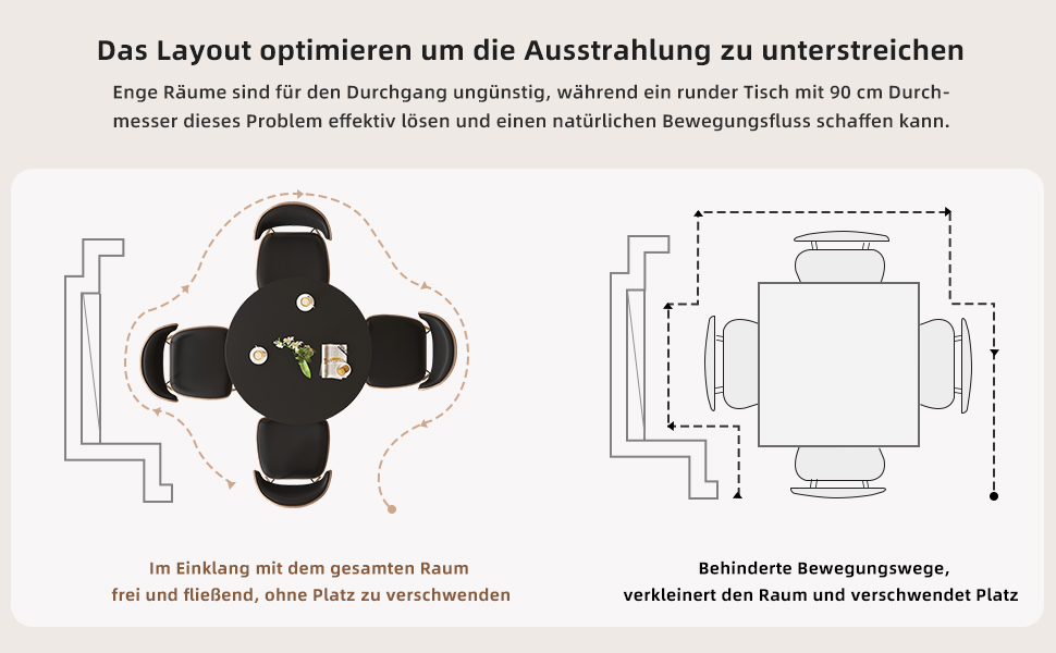 Der Text lautet „Das Layout optimieren um die Ausstattung zu unterstreichen“. Technische Zeichnungen mit Produktabmessungen und Spezifikationen auf weißem Hintergrund.