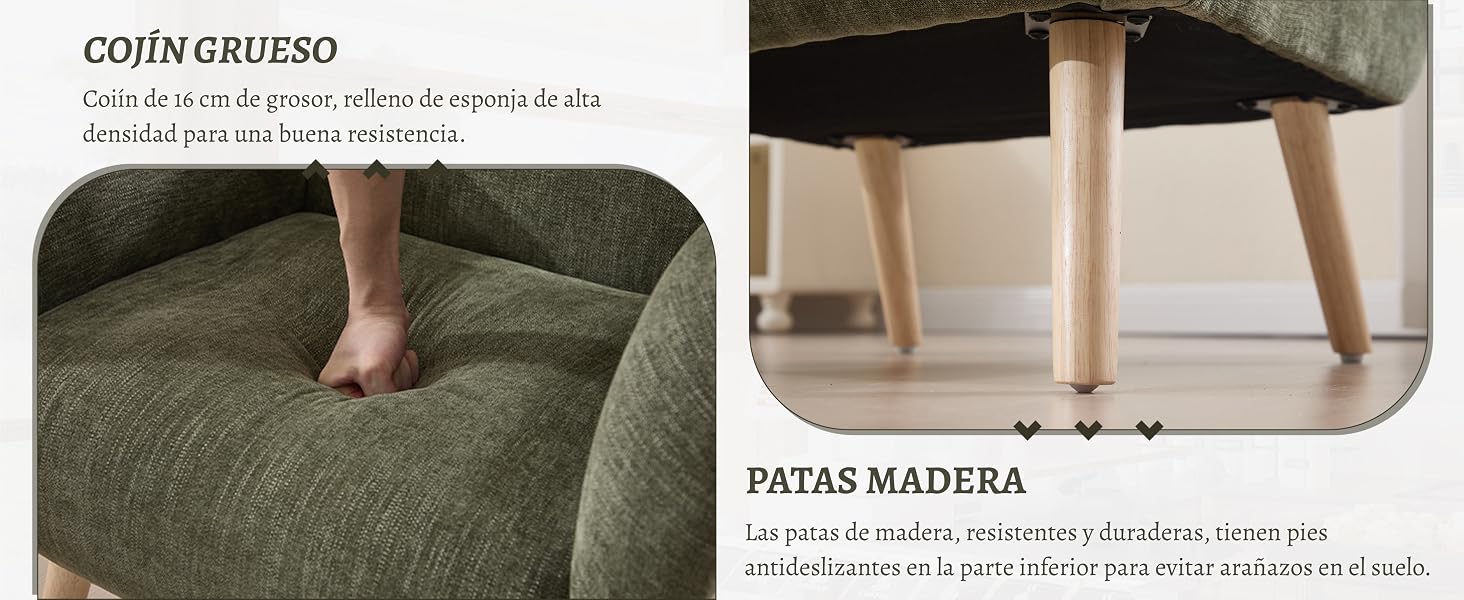 El texto dice «COTRI ESPRESSO». Varias fotos del producto muestran un cojín o colchón de color verde oliva con una superficie texturizada y vistas detalladas del material de construcción.