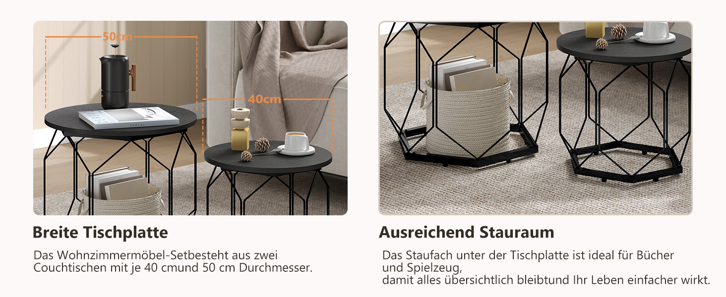 Zwei runde Beistelltische mit schwarzen Platten und geometrischen Drahtfüßen. Eine Tabelle zeigt die Abmessungen, die andere zeigt den Stauraum darunter für Kissen und Dekoartikel.